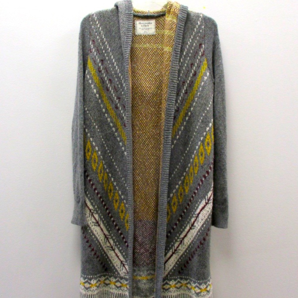 ABERCROMBIE & FITCH Grey/White/Burgundy/Yellow Printed Hooded Cardigan XS
